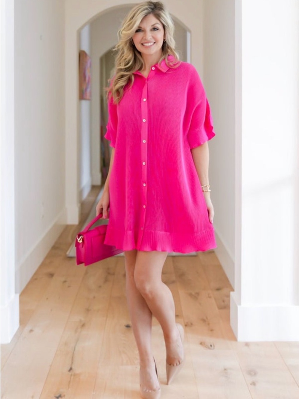Very J Hot Pink Button-Front Mini Dress